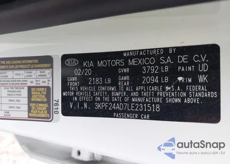 2020 Kia Forte Lxs from USA, damaged, VIN 3KPF24AD7LE231518